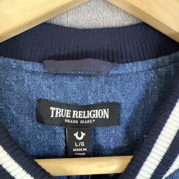 True Religion Guitar Buddha Varsity Jacket Women Large Denim White Retro Y2K NEW - Picture 3 of 12